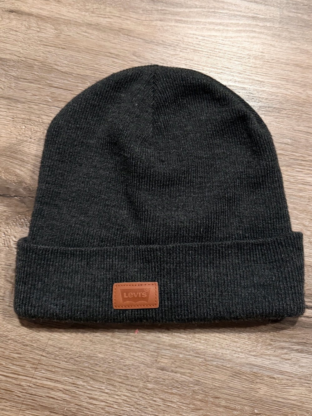 Levi's Black Knit Cuffed Beanie with Brown Leather Patch